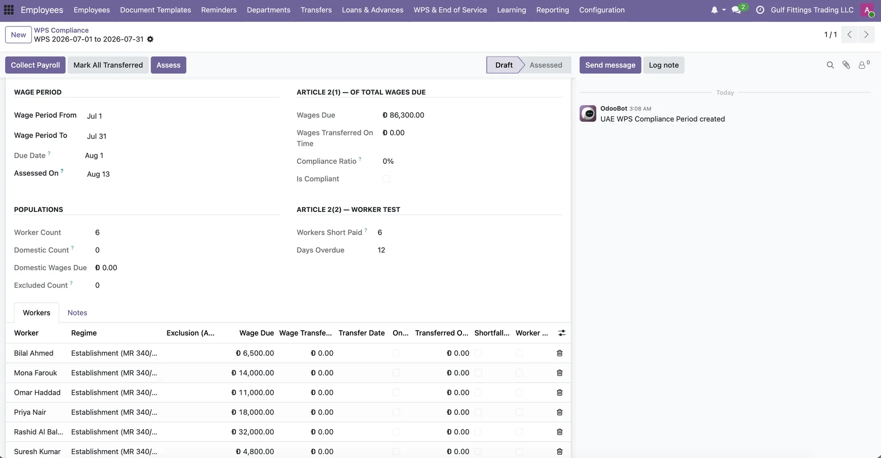 Odoone WPS compliance assessment with wages due, compliance ratio and per-worker wage table.